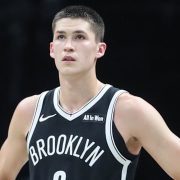 Oct 24, 2025; Brooklyn, New York, USA;  Brooklyn Nets guard Egor Demin (8) at Barclays Center. Mandatory Credit: Wendell Cruz-Imagn Images