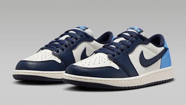Blue and white Air Jordan sneakers.