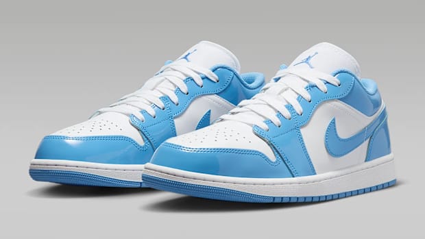 White and blue Air Jordan sneakers.