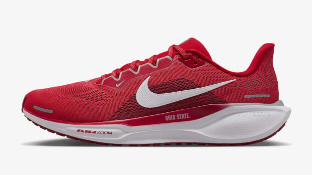 Ohio State's scarlet and grey Nike running shoe.