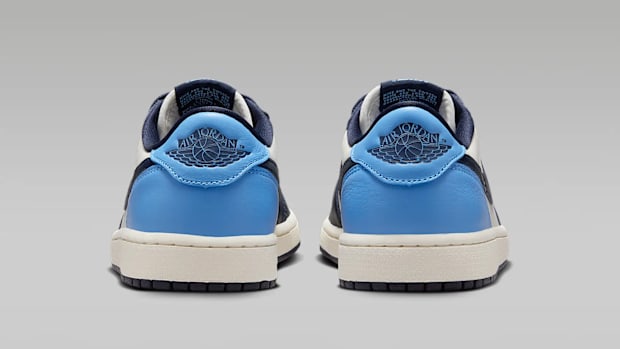 Blue and white Air Jordan sneakers.