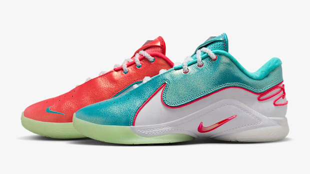 LeBron James' red and green Nike sneakers.