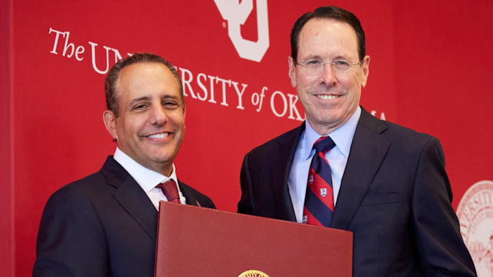 University of Oklahoma president Joe Harroz (left) and football chair Randall Stephenson