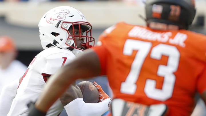 South Alabama Jaguars cornerback Marquise Robinson (7) runs after an interception against the Oklahoma State Cowboys at Boone Pickens Stadium. Mandatory Credit: Bryan Terry-USA TODAY Sports