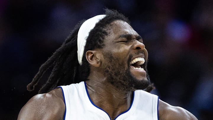 Oct 30, 2024; Philadelphia, Pennsylvania, USA; Detroit Pistons center Isaiah Stewart (28) reacts after a forward Tim Hardaway Jr. (not pictured) score against the Philadelphia 76ers during the fourth quarter at Wells Fargo Center. Mandatory Credit: Bill Streicher-Imagn Images