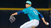 Seattle Mariners pitcher Shintaro Fujinami throws during a spring training game against the Los Angeles Dodgers on March 7 at Peoria Sports Complex.