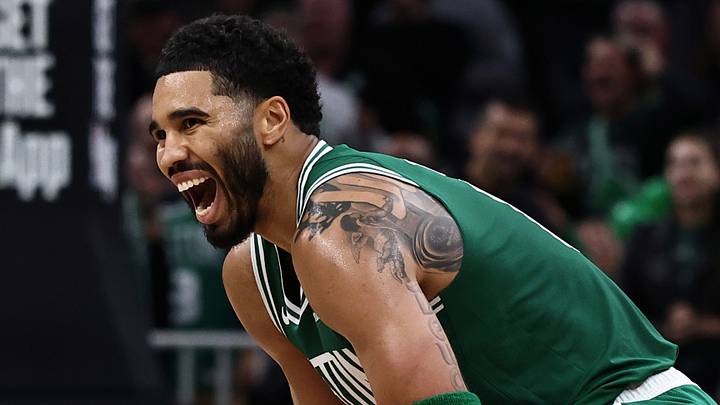 Oct 23, 2026; Boston, Massachusetts, USA; Boston Celtics forward Jayson Tatum (0) reacts during the second half against the New York Knicks at TD Garden. Mandatory Credit: Winslow Townson-Imagn Images