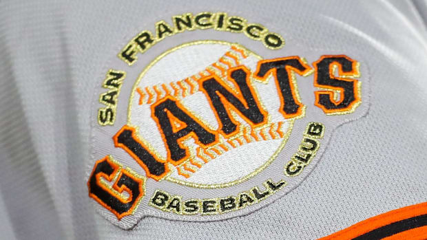 The San Francisco Giants logo on the sleeve of a player