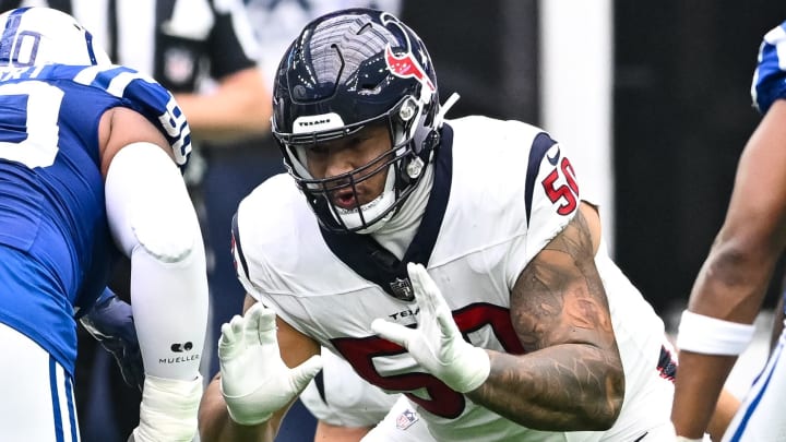 Sep 17, 2023; Houston, Texas, USA; Houston Texans guard Kendrick Green (50) in action during the first quarter against the Indianapolis Colts at NRG Stadium. Mandatory Credit: Maria Lysaker-USA TODAY Sports