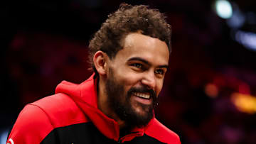 Trae Young #11 of the Atlanta Hawks reacts before facing the Miami Heat.