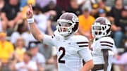 Mississippi State Bulldogs quarterback Blake Shapen (2) reacts after a touchdown against the Southern Miss Golden Eagles during the first quarter at M.M. Roberts Stadium in Hattiesburg, Miss., on Aug. 30, 2025.