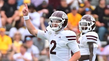 Mississippi State Bulldogs quarterback Blake Shapen (2) reacts after a touchdown against the Southern Miss Golden Eagles during the first quarter at M.M. Roberts Stadium in Hattiesburg, Miss., on Aug. 30, 2025.