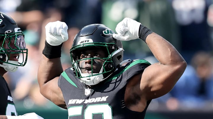 Oct 30, 2022; East Rutherford, New Jersey, USA; New York Jets defensive end Carl Lawson (58) reacts Oct 30, 2022; East Rutherford, New Jersey, USA; New York Jets defensive end Carl Lawson (58) reacts