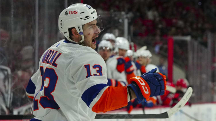 Apr 25, 2023; Raleigh, North Carolina, USA; New York Islanders center Mathew Barzal (13) celebrates