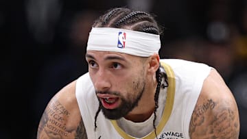 Dec 6, 2025; Brooklyn, New York, USA; New Orleans Pelicans guard Jose Alvarado (15) reacts after a play during the second half against the Brooklyn Nets at Barclays Center. Mandatory Credit: Vincent Carchietta-Imagn Images
