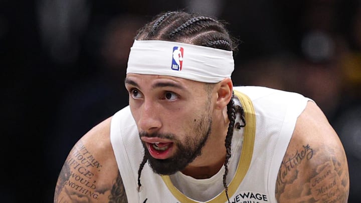Dec 6, 2025; Brooklyn, New York, USA; New Orleans Pelicans guard Jose Alvarado (15) reacts after a play during the second half against the Brooklyn Nets at Barclays Center. Mandatory Credit: Vincent Carchietta-Imagn Images