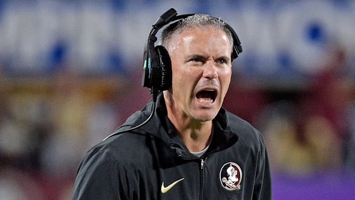 Sep 3, 2023; Orlando, Florida, USA; Florida State Seminoles head coach Mike Norvell is excited during the fourth quarter against the Louisiana State Tigers at Camping World Stadium. Mandatory Credit: Melina Myers-Imagn Images