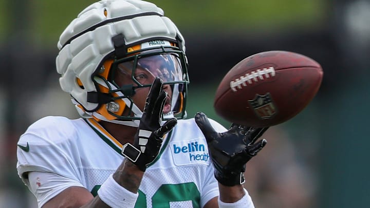 Green Bay Packers wide receiver Bo Melton (80) catches a pass during the 12th practice of training camp on Tuesday, August 6, 2024, at Ray Nitschke Field in Ashwaubenon, Wis. 
Tork Mason/USA TODAY NETWORK-Wisconsin