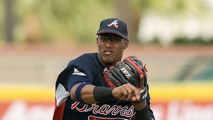 March 16, 2008; Jupiter, FL, USA; Atlanta Braves shortstop Yunel Escobar (19) throws out a St. Louis Cardinals base runner at Roger Dean Stadium in Jupiter, FL. Mandatory Credit:Scott Rovak-Imagn Images
