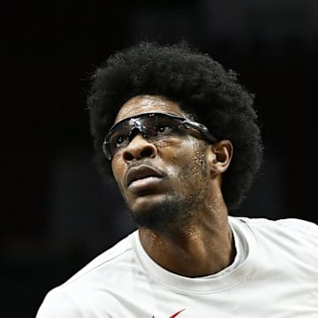 Apr 12, 2024; Portland, Oregon, USA; Portland Trail Blazers guard Scoot Henderson (00) warms up before a game against the Houston Rockets at Moda Center. Mandatory Credit: Troy Wayrynen-Imagn Images