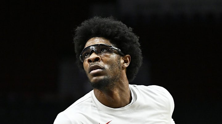 Apr 12, 2024; Portland, Oregon, USA; Portland Trail Blazers guard Scoot Henderson (00) warms up before a game against the Houston Rockets at Moda Center. Mandatory Credit: Troy Wayrynen-Imagn Images