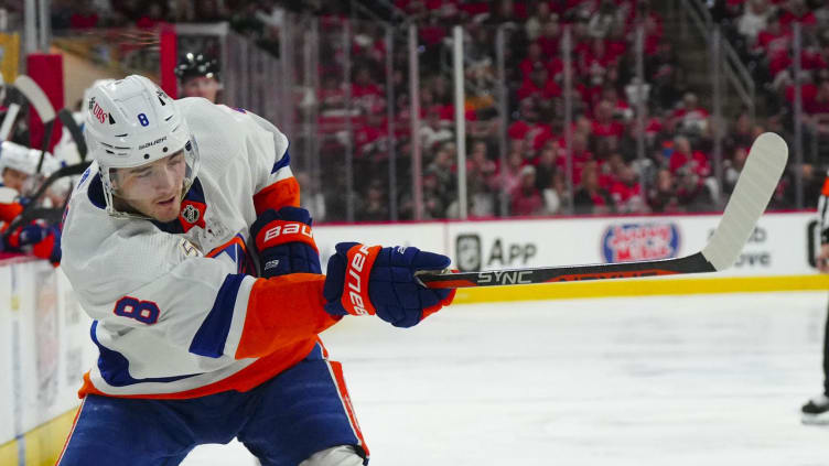 Apr 25, 2023; Raleigh, North Carolina, USA; New York Islanders defenseman Noah Dobson (8) shoots