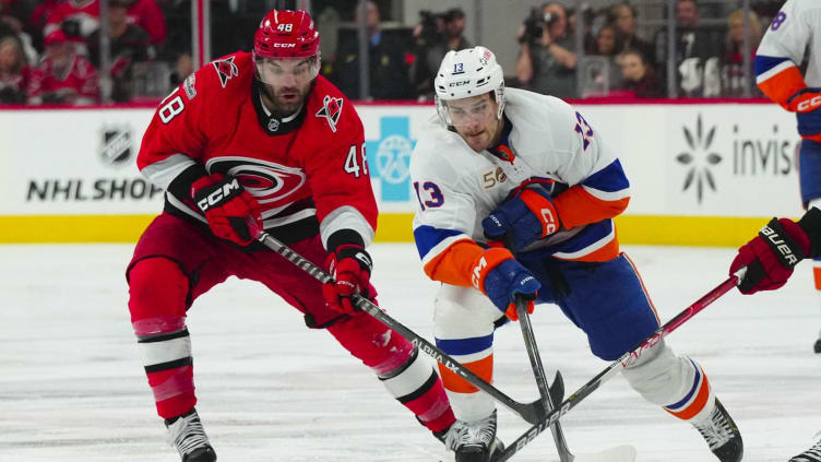 Apr 25, 2023; Raleigh, North Carolina, USA; New York Islanders center Mathew Barzal (13) skates with