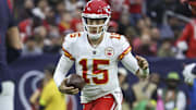Dec 18, 2022; Houston, Texas, USA; Kansas City Chiefs quarterback Patrick Mahomes (15) in action during the game against the Houston Texans at NRG Stadium. Mandatory Credit: Troy Taormina-Imagn Images