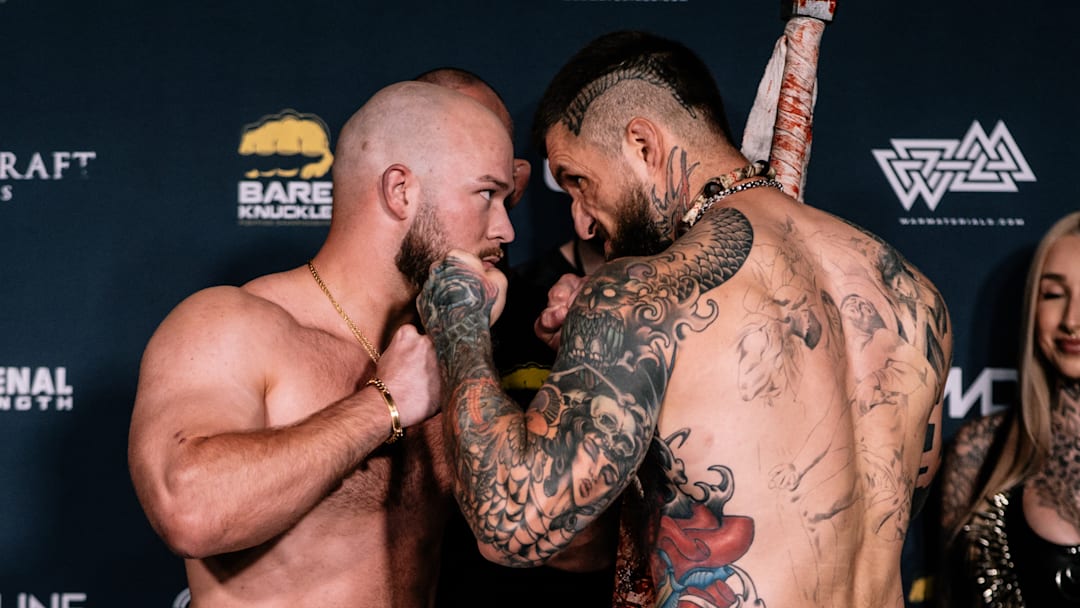 Cam Delano (left) and Aleksandr Shikolay (right) face off ahead of their main event matchup at BKFC Blood 4 Blood