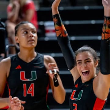 Miami Hurricanes Volleyball celebrating a win against Buffalo