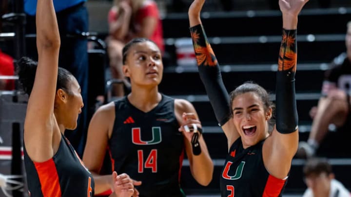 Miami Hurricanes Volleyball celebrating a win against Buffalo