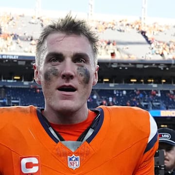 Oct 19, 2025; Denver, Colorado, USA; Denver Broncos quarterback Bo Nix (10) celebrates after the win against the New York Giants at Empower Field at Mile High. 