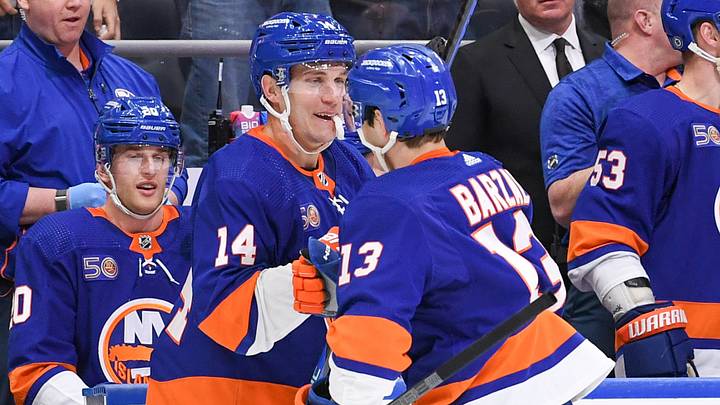 Feb 7, 2023; Elmont, New York, USA; New York Islanders center Mathew Barzal (13) congratulates New York Islanders center Bo Horvat (14) on his first goal as a New York Islander against the Seattle Kraken during the second period at UBS Arena. Feb 7, 2023; Elmont, New York, USA; New York Islanders center Mathew Barzal (13) congratulates New York Islanders center Bo Horvat (14) on his first goal as a New York Islander against the Seattle Kraken during the second period at UBS Arena.