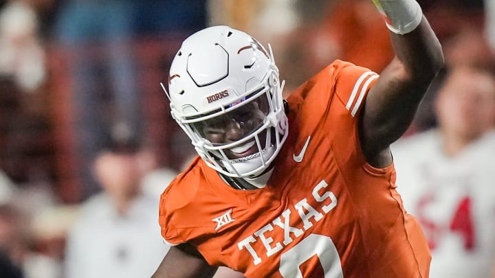 Texas linebacker Anthony Hill Jr. (0) celebrates a play in the second quarter of the Longhorns' game against the Texas Tech Red Raiders, Friday, Nov. 24, 2023 at Darrell K Royal-Texas Memorial Stadium in Austin.