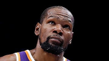 Kevin Durant #35 of the Phoenix Suns looks on against the Atlanta Hawks.