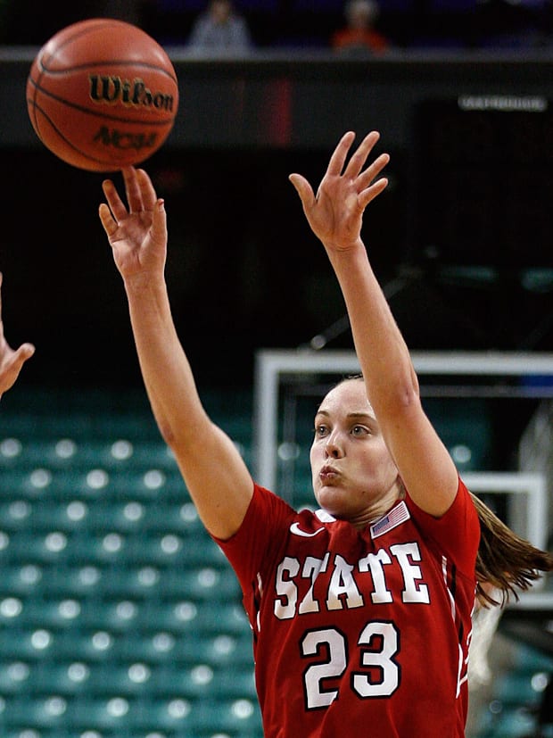 North Carolina State Wolfpack guard Marissa Kastanek (23) shoots over Duke Blue Devils center Allison Vernerey (43).