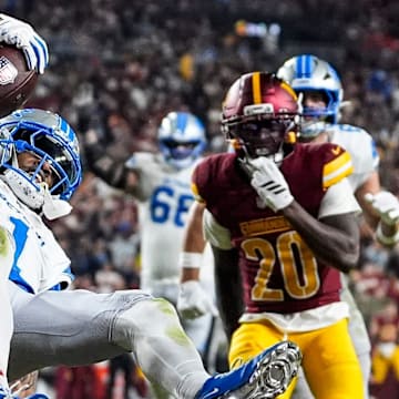 Detroit Lions wide receiver Jameson Williams (1) celebrates a touchdown against Washington Commanders during the second half at Northwest Stadium in Landover, Md. on Sunday, November 9, 2025.
