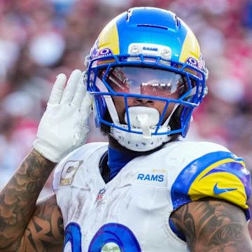 Nov 9, 2025; Santa Clara, California, USA; Los Angeles Rams running back Kyren Williams (23) celebrates after running for a touchdown during the fourth quarter against the San Francisco 49ers at Levi's Stadium. Mandatory Credit: Cary Edmondson-Imagn Images