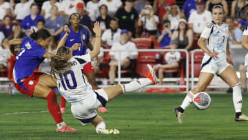 Jul 16, 2024; Washington, D.C., USA; United States forward Sophia Smith (11) shoots the ball as Costa Rica midfielder Gloriana Villalobos (10) defends in the second half of a send-off friendly at Audi Field. Mandatory Credit: Geoff Burke-USA TODAY