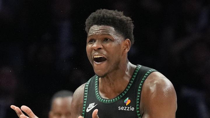 May 15, 2026; Minneapolis, Minnesota, USA; Minnesota Timberwolves guard Anthony Edwards (5) reacts to call on the court against the San Antonio Spurs in the second half during game six of the second round of the 2026 NBA Playoffs at Target Center. Mandatory Credit: Jesse Johnson-Imagn Images