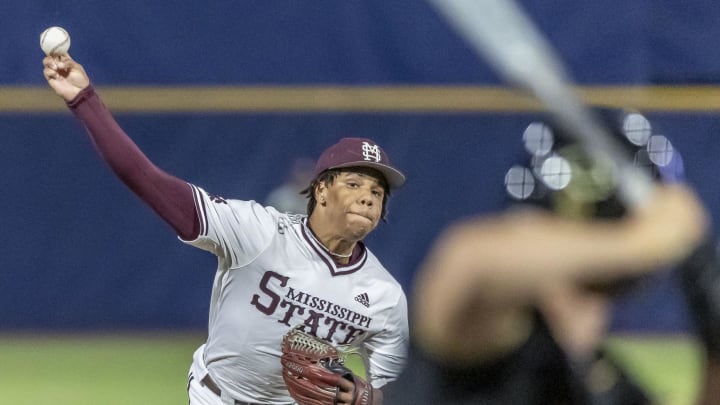 Mississippi State Bulldogs pitcher Jurrangelo Cijntje pitches against the Vanderbilt Commodores during the SEC Baseball Tournament at Hoover Metropolitan Stadium.