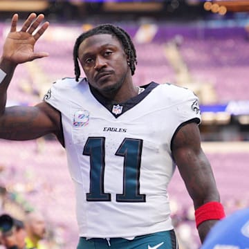 Oct 19, 2025; Minneapolis, Minnesota, USA; Philadelphia Eagles wide receiver A.J. Brown (11) waves to the fans after the game against the Minnesota Vikings.