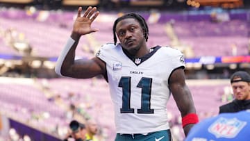 Oct 19, 2025; Minneapolis, Minnesota, USA; Philadelphia Eagles wide receiver A.J. Brown (11) waves to the fans after the game against the Minnesota Vikings at U.S. Bank Stadium. Mandatory Credit: Brad Rempel-Imagn Images