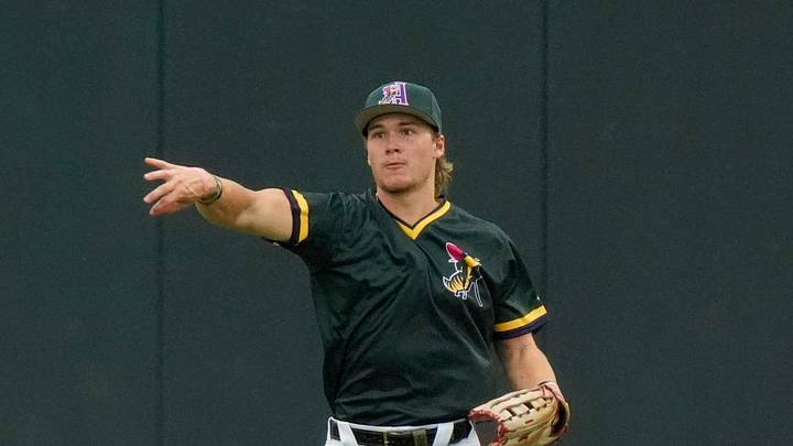 Aug 2, 2025; North Augusta, South Carolina, USA; GreenJacket outfielder Eric Hartman (17) throws the ball during the Augusta GreenJackets and Carolina Mudcats game at SRP Park. The GreenJackets won the fifth game of the series 5-3. Mandatory Credit: Katie Goodale - Augusta Chronicle/USA TODAY NETWORK