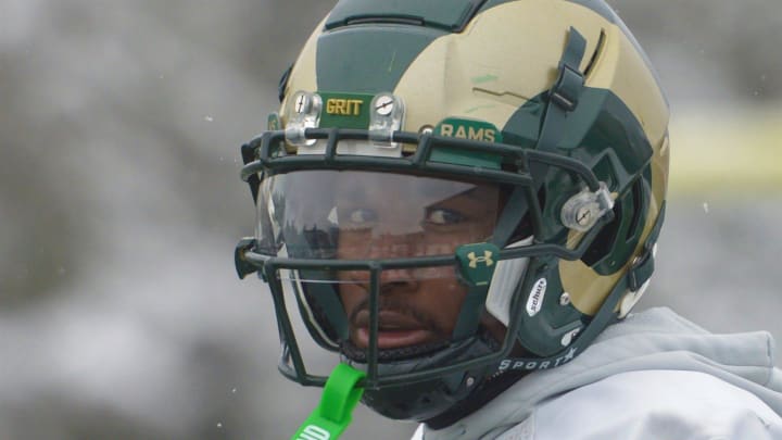 Colorado State football player Tory Horton during spring practice on Thursday, April 18, 2024 following an overnight snowfall.