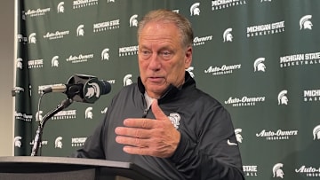 Michigan State head coach Tom Izzo speaks to the press after a 69-66 victory over Arkansas on Nov. 8, 2025.