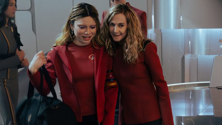 L-R: Bella Shepard as Genesis, Holly Hunter as Captain Nahla Ake, and Tig Notaro as Reno in season 1, episode 7, of Star Trek: Starfleet Academy streaming on Paramount+. Photo Credit: Michael Gibson/Paramount+
