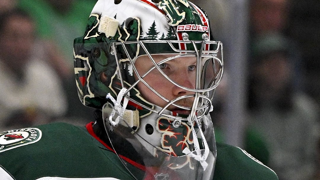 Apr 9, 2026; Dallas, Texas, USA; Minnesota Wild goaltender Filip Gustavsson (32) faces the Dallas Stars attack during the game between the Stars and the Wild at American Airlines Center. Mandatory Credit: Jerome Miron-Imagn Images