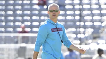 Nov 23, 2024; Tallahassee, Florida, USA; Florida State Seminoles head coach Mike Norvell before the game against the Charleston Southern Buccaneers at Doak S. Campbell Stadium. Mandatory Credit: Melina Myers-Imagn Images