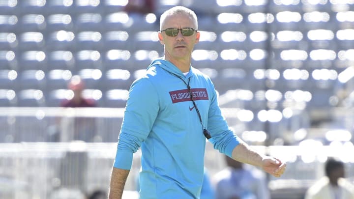 Nov 23, 2024; Tallahassee, Florida, USA; Florida State Seminoles head coach Mike Norvell before the game against the Charleston Southern Buccaneers at Doak S. Campbell Stadium. Mandatory Credit: Melina Myers-Imagn Images